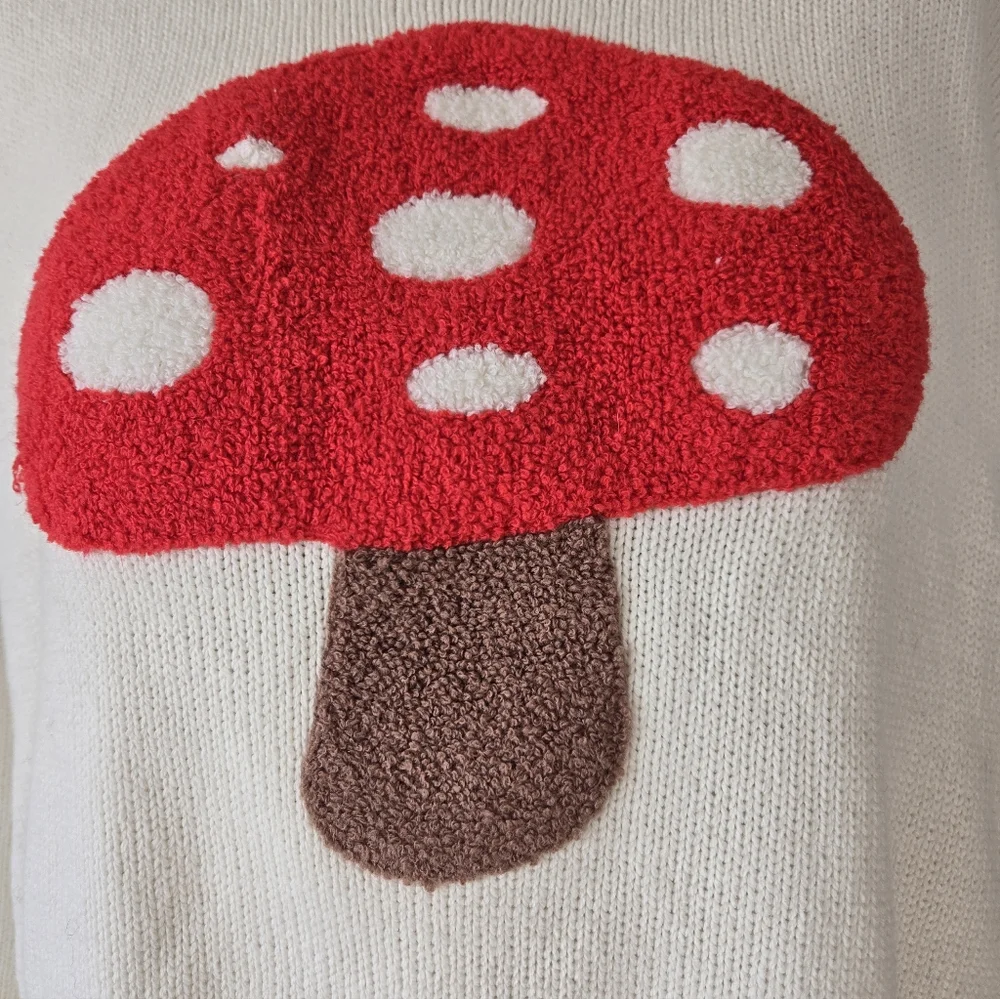 moon & madison Cream Knit Crop Sweater with Red Mushroom . Size Small - Picture 3 of 13